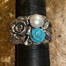 PZ Israel Ring Size 9 Sterling Silver, Pearl and Turquoise Carved Rose Statement