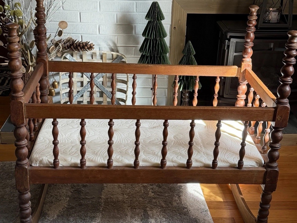 Vintage Jenny Lind Style Wooden Oak Rocking Baby Cradle Bassinet