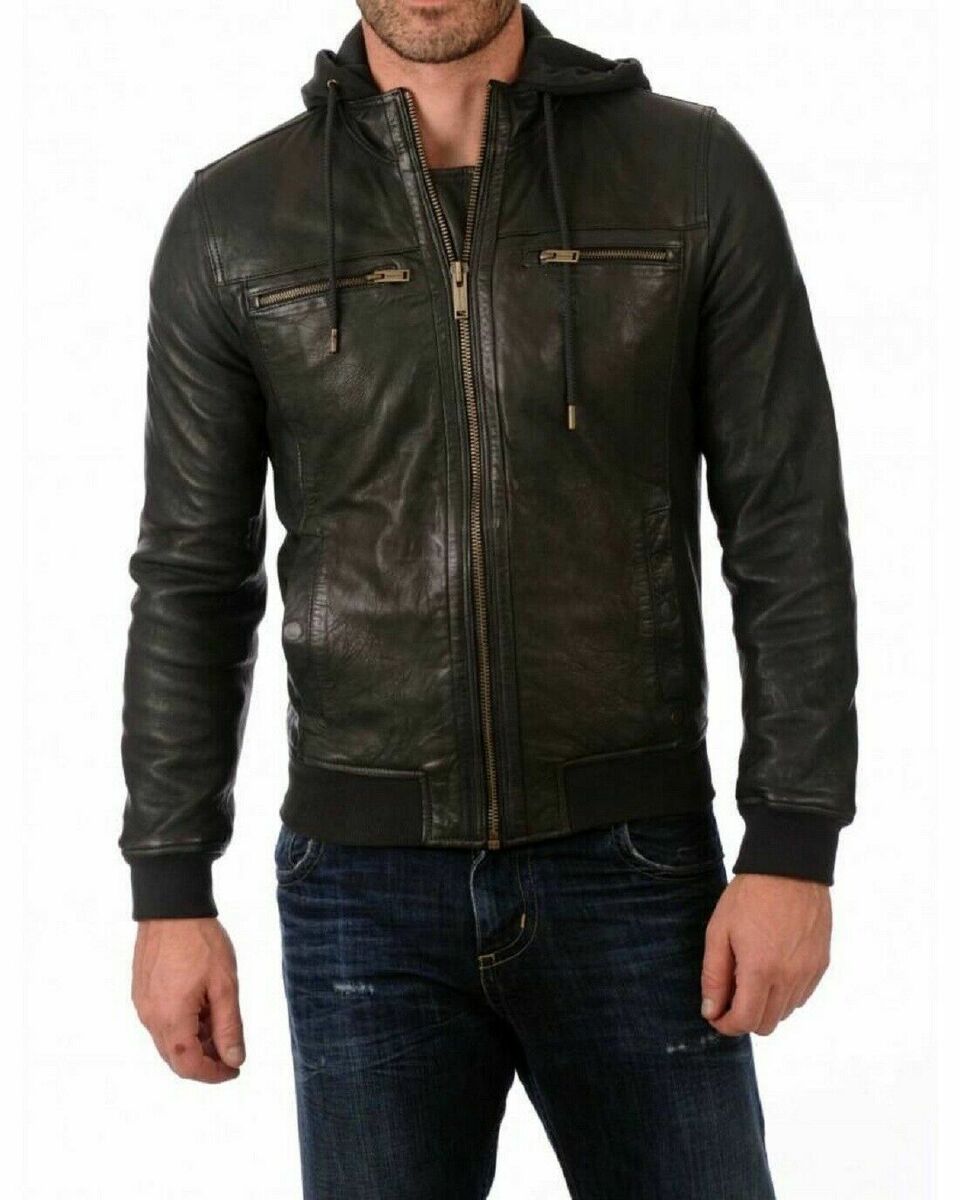 Zayn Men's Hooded Leather Jacket Black Biker 100% Lambskin Zayn Men's Hooded Leather Jacket Black Biker 100% Lambskin