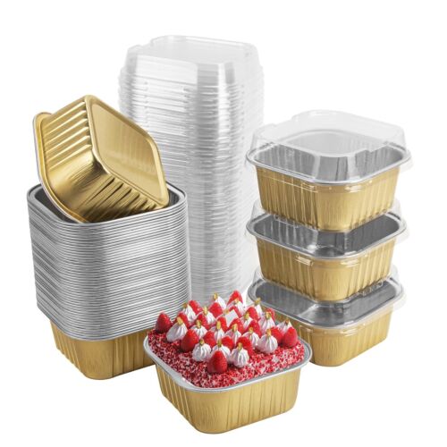 50 Pcs Mini Square Baking Cups With Lids5oz Aluminum Foil Mini Cake Pans With Li