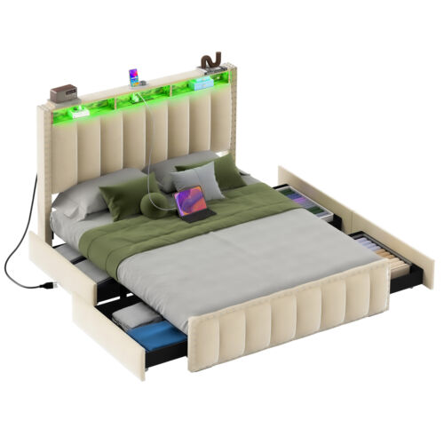King Queen Full Size Bed Frame LED Headboard Storage Drawers & Charging Station - Picture 2 of 30