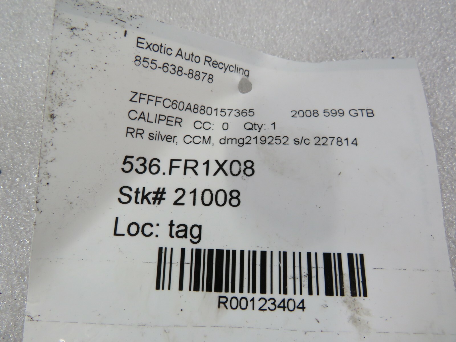 Ferrari 599 GTB, RH, Rear Brake Caliper, CCM, Silver, Used, Damaged, P/N 219252