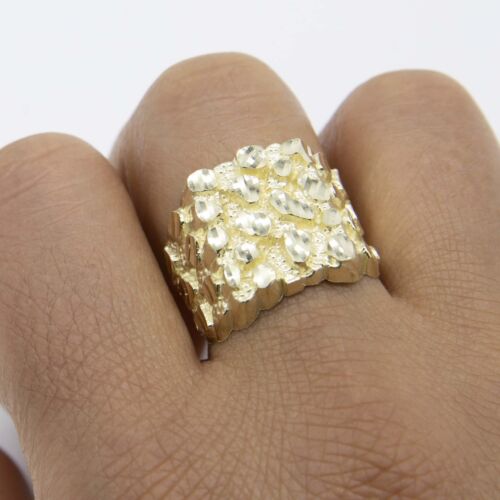 Large Nugget Rectangle Ring Real Solid 10K Yellow Gold All Sizes - Picture 1 of 5