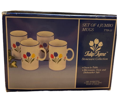 De colección 1985 Tulip Tyme gres 4 tazas jumbo borde rojo amarillo azul Japón nuevo en caja - Imagen 1 de 12