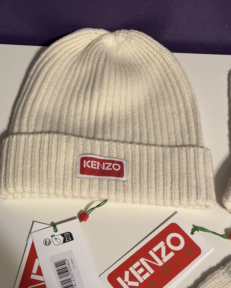 Kenzo Paris Off White Beanie Hat Knit Wool Matching Gloves Lot Rare HTF - Image 2 of 4