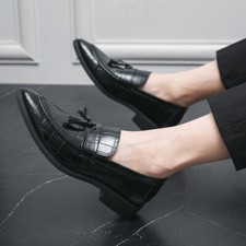 Mens Black Leather Pointed Toe Tassel Oxfords Business Pull On Wedding Shoes Sz