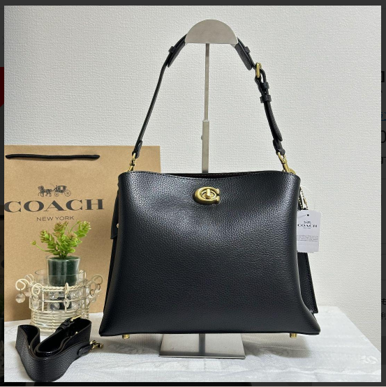 Coach Willow 2WAY Shoulder Crossbody Bag Black Gold Lether Women
