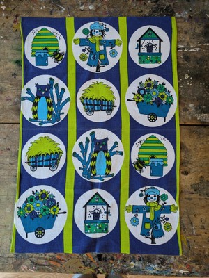 1x Vintage Retro Baumwolle Geschirrtuch 60er 70er Midcentury alt Folk Bauernhof Küche blau