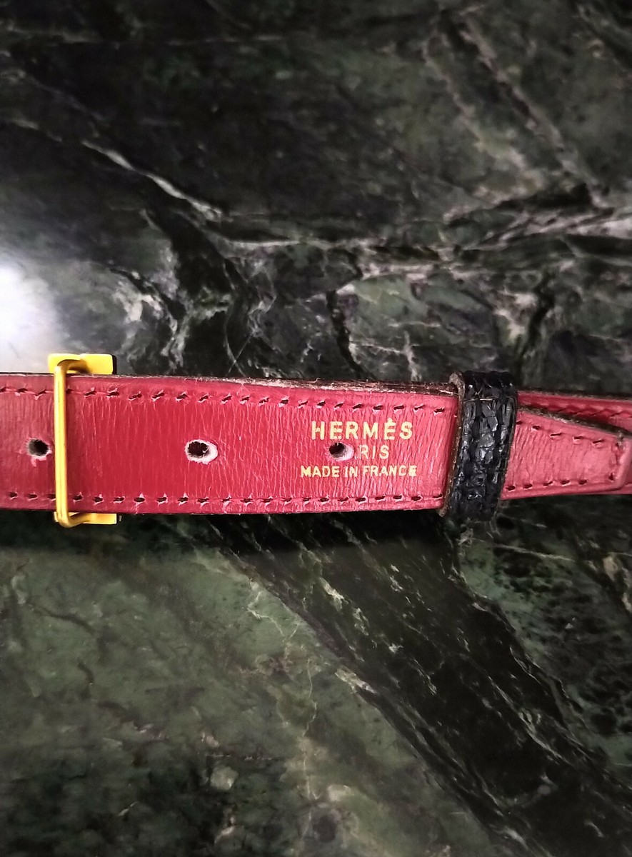 Hermès Crocodile 18K Gold H Logo Black & Red Belt VINTAGE HERMÈS BABY CROCODILE 18K GOLD H LOGO BLACK & RED  main image 2
