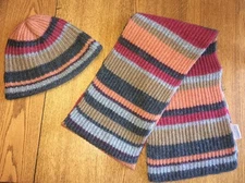 Unisex Orange/Gray/Multi 80% Wool WARM Striped SCARF & Beenie HAT Set