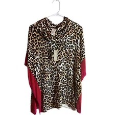 Chico's Cowl Neck Leopard-Print Contrast-Border Poncho Womens S/M Relaxed Fit