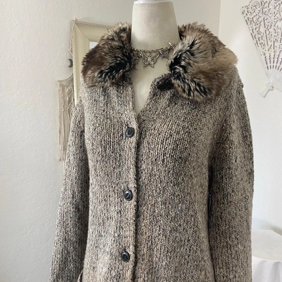 Кардиган J Jill коренастый богемный негабаритный длинный коренастый шерстяной вязаный с меховым воротником S - Изображение 2 из 4