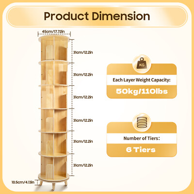 6 Layer  360° Rotating Multifunctional Bookcase Wood Home Storage Rack Bookshelf