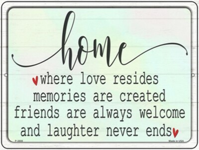 HOME WHERE LOVE RESIDES MEMORIES ARE CREATED METAL NOVELTY PARKING SIGN