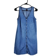 Gap Denim Shirt Dress Womens XS Blue Button Front V Neck Sleeveless Knee Length