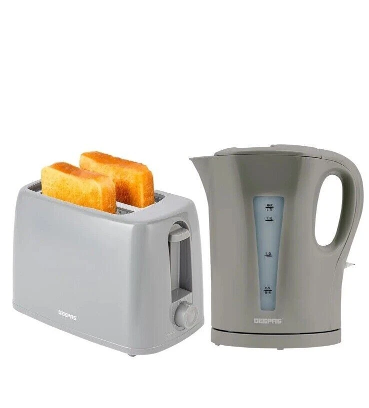 Electric Cordless Rapid Boil Jug kettle 2200W 1.7L & 2 Slice Toaster Set Grey