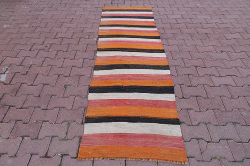Tribal Striped Runner Rug Anatolian Handmade Colorful Turkish Kilim Carpet 2x9ft