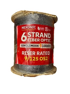6 Strand Fiber Optic Cable, OS2 9/125 Singlemode, Black, 1000ft Riser Rated