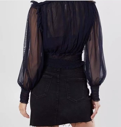 Free People Twyla Cropped Top Womens Medium Blue Sheer V Neck Smocked Romantic - Picture 3 of 11