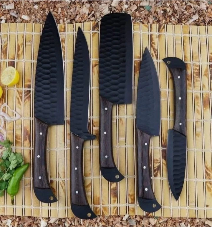 Hand Forged Black Hammered Kitchen Knife Set Wooden Handle Chef Knives