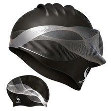 Extra Large Black Swim Cap for Women  Men - Durable Silicone Hat with Ear Prote