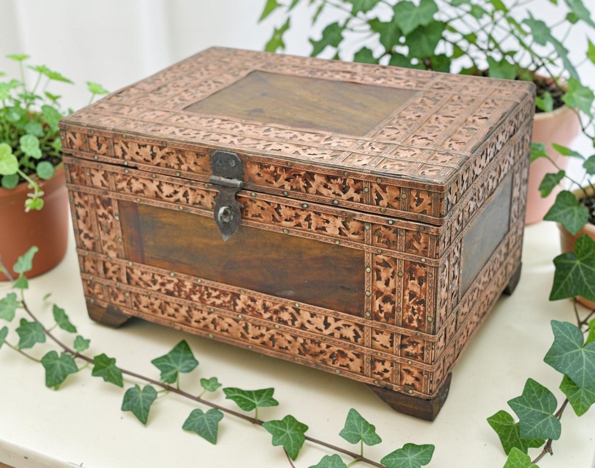 置物 vintage wood box 1980s Vintage Wooden Storage Chest Box Original Old Hand Crafted Copper