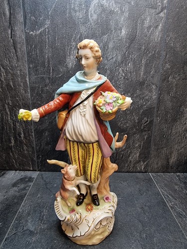 ANTIQUE DRESDEN SAXONY PORCELAIN 11" MALE FIGURINE with DOG, CARL THIEME - Picture 3 of 13