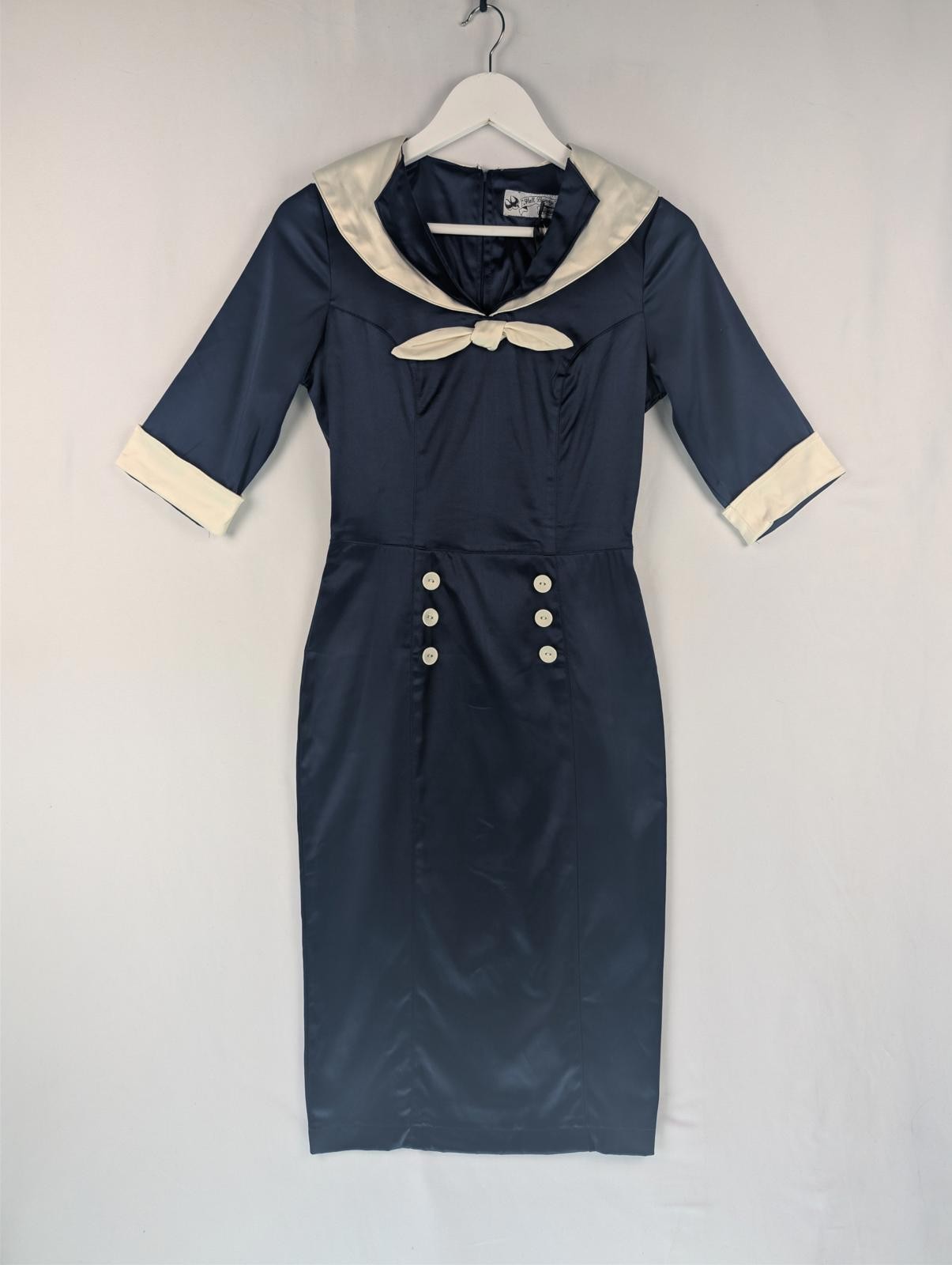 Hell bunny Vixen NavyCream Satin Dress Size XS UK 8