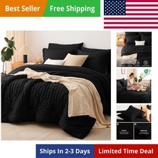 King Size Comforter Set Black, 7 Pieces Seersucker Textured Luxury Bed in a B...