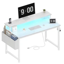 White Computer Desk with LED Lights and Power Outlets, 40 Inch Home Office De...