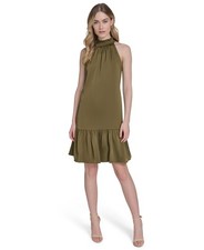 Vince Camuto Petite Satin Mock-Neck Sleeveless Short Dress - Olive Size 2P NWT