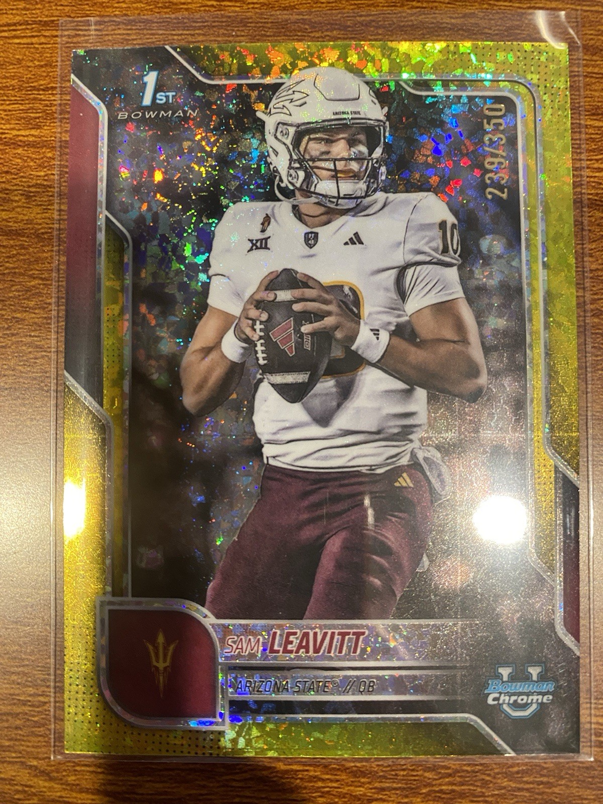 2025 Bowman University Chrome Sam Leavitt #195 (RC) Yellow Mini Diamond /350 LSU