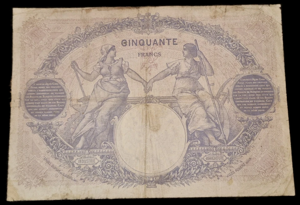 50 Francs Bleu Et Rose 1924 - image 2 of 2