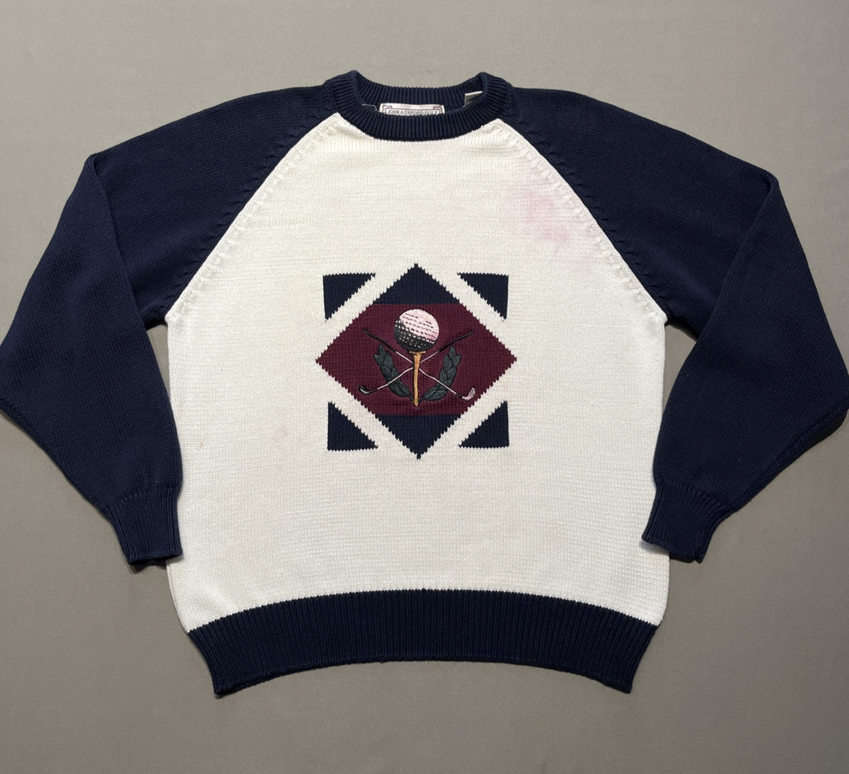 VINTAGE John Ashford Sweater Mens Large White Blue Red Golfer Logo 