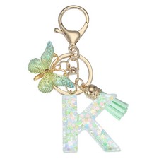 Alphabet Initial Letter Keychain Cute Charm with Tassel Butterfly Letter K Green