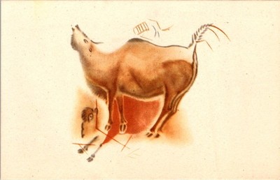 Bisons Galloping & Lowing Postcard Reproduction of Altamira Cave Art 1940s-