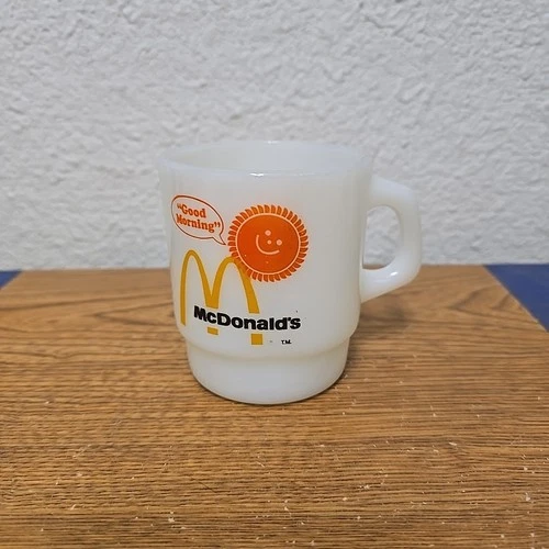 Fire King Anchor Hocking Coffee Cup Mug McDonalds GOOD MORNING Milk Glass  VTG