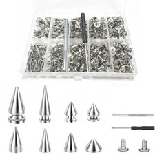 364 Sets Punk Spikes and Studs Kit, 8 Sizes Cone with Screws Silver