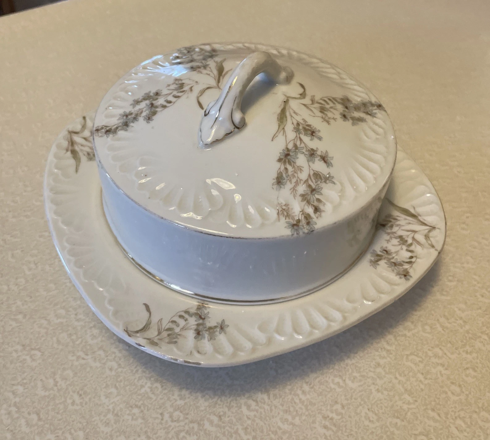 Antique Serving Dish Butter Keeper Covered Cheese Dish Porcelain Blue Flowers