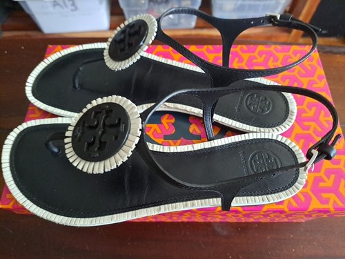 Tory Burch Miller Fringe Black White Size 8.5 Backstrap Sandals Vegan Leather - Picture 8 of 11