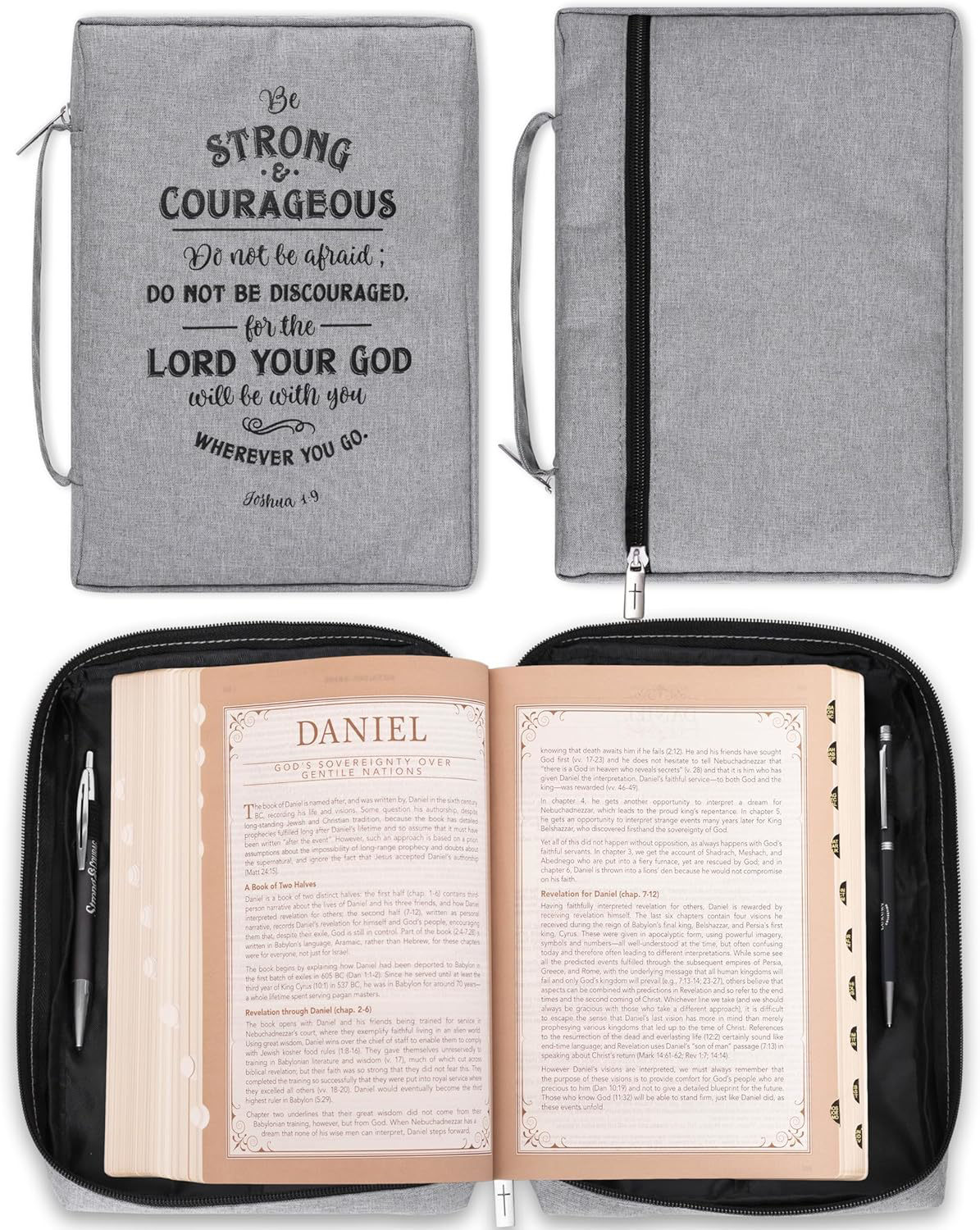 Bible Cover for Men/Women Joshua 1:9 Gray Canvas Large Christian Art Gift