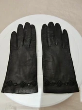 Vtg Abraham & straus italy black gloves 7" 100% silk lined w/ diamond design