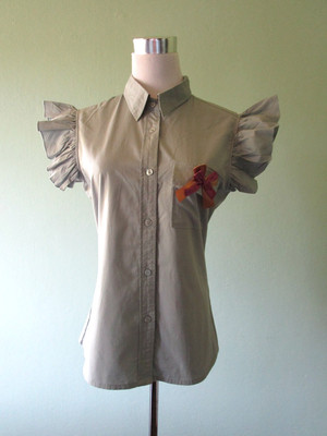 Vtg 90s Womens Green-Grey Classic Casual Bow Ruffle Short Sleeve Shirt sz M AV24