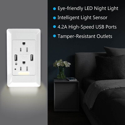 1PK 4A Dual USB Wall Socket Charger Power Receptacle Outlet Panel w/ Nightlight