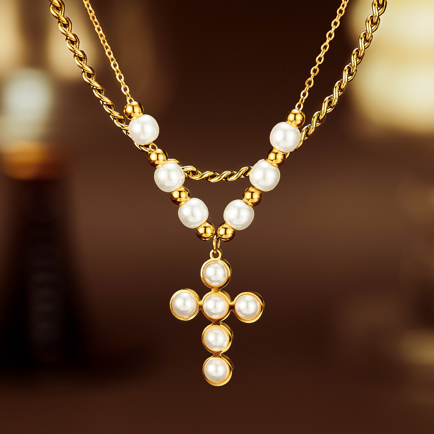 Women Gir Layered Necklace Gold Plated Pearl Pendant Dainty Choker Layering Gift