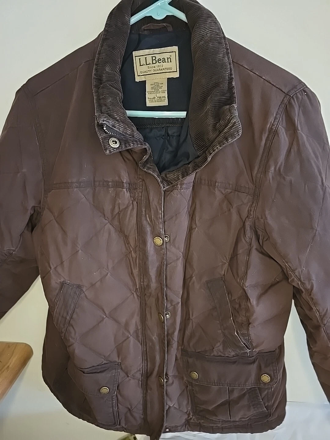 LL Bean Insulated Mens Large Barnchore Jacket Downtek Corderoy Collar Full Zip