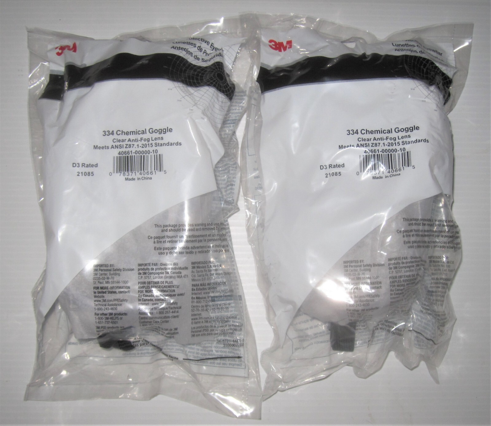 2 Pair 3M Protective Eyewear 334 Chemical Goggles Clear AntiFog Lens