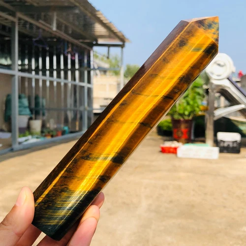 424g Natural Yellow Blue Tiger's eye quartz crystal wand point Healing W285