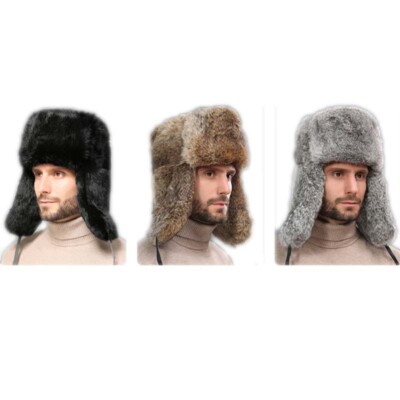 Real Rabbit Fur Trapper Hat Winter Warm Cap Ushanka Earmuffs