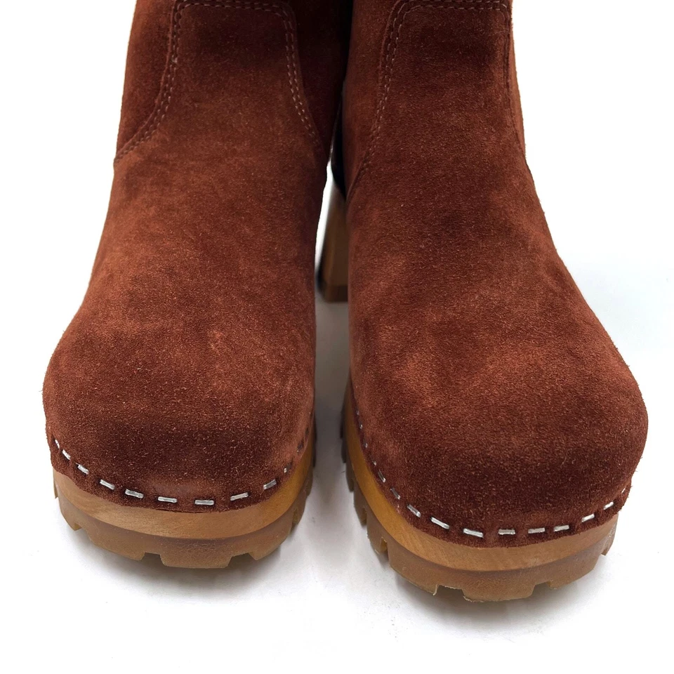 Swedish Hasbeens Suede Teddy Boots Platform Cognac Block Heel Pull On Sz 37 / 7 - Image 4 of 4